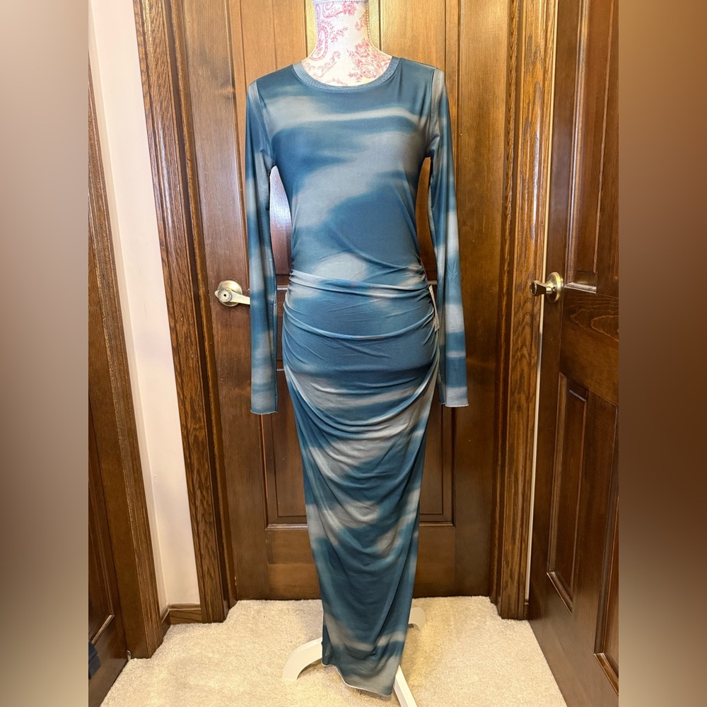 NWT Socialite Ruched Sage Teal Abstract Long Sleeve Bodycon Dress size Small